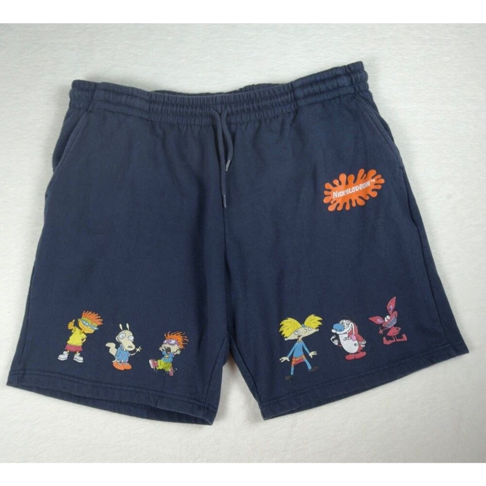 Nickelodeon 90s Cartoon Sweat Shorts Mens XL Navy Blue Rugrats Hey Arnold